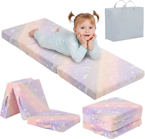 Miniatura 17 de Tiita Colchón de suelo plegable para niños, futón de felpa o tapete de suelo con bolsa de almacenamiento, tapete para siesta de piso para niños
