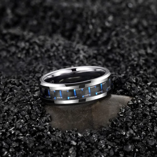 Miniatura 3 de TRUMIUM Anillo de tungsteno negro y azul de 0.236in, 0.315in, con incrustaciones de fibra de carbono para hombres y mujeres, talla 4-15, Tungsteno