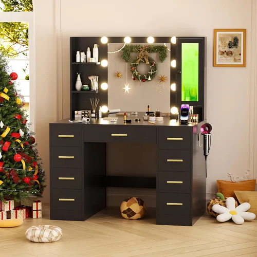 Miniatura 8 de ERLEJIA Escritorio de tocador con espejo y luces, tocador de maquillaje grande de 43 pulgadas con 9 cajones, 3 estantes abiertos, iluminación LED