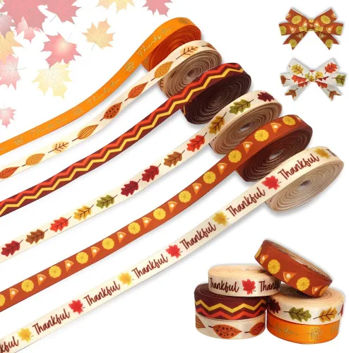Estivaux 6 cintas de otoño de Acción de Gracias, 3/8 pulgadas de ancho, calabaza, naranja, satinado, palabras metálicas, hojas de arce, cintas para