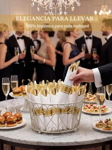 Miniatura 2 de Supernal Paquete de 60 servilletas preenrolladas con cubiertos de plástico dorado, 60 juegos de cubiertos desechables elegantes envueltos: tenedores