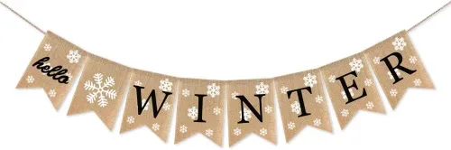 Cartel de yute de arpillera de hola invierno, copo de nieve, mantel de Navidad, chimenea, banderines, decoración de festivales, banderas familiares,