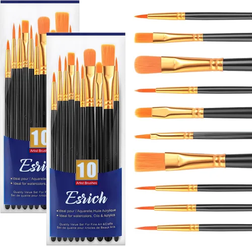 ESRICH Juego de 2 pinceles de pintura, 2 paquetes de 20 piezas, juego de pinceles de pintura acrílica, pinceles de nailon acrílico para acuarela,
