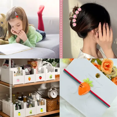 Miniatura 6 de Honbay 50 cuentas de resina de frutas con parte trasera plana, lindos cabujones de limo de piña, fresa, melocotón, zanahoria, accesorios