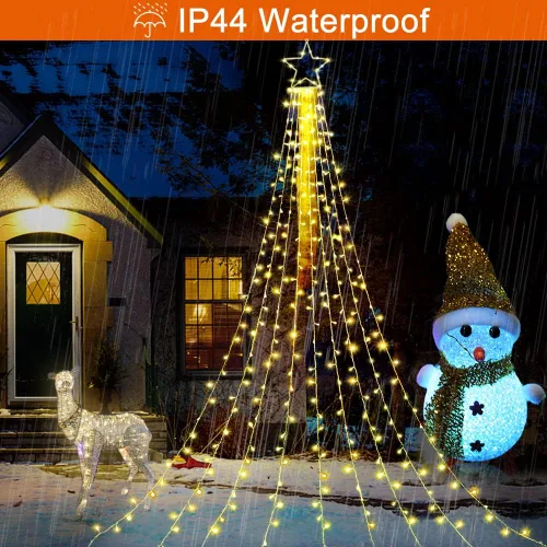 Miniatura 6 de Luces de Cadena de Estrella de Navidad, 320 Luces LED de Cascada para Árbol con Estrella Superior de 13", 8 Modos de Iluminación para Interiores