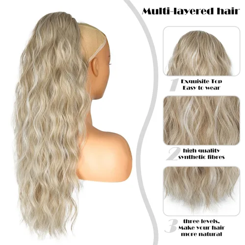 Miniatura 3 de Extension de cola de caballo con cordón de 26 pulgadas para mujer, extensiones de cola de caballo largas y onduladas, extensiones de cabello
