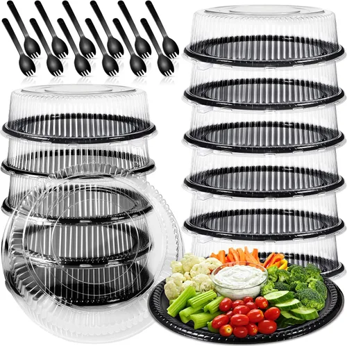 Miniatura 10 de Tessco for you 1 bandeja de servicio resistente con tapa transparente y tenedores, bandeja grande de plástico desechable para catering, plato negro
