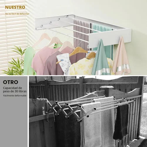 Miniatura 4 de Tendedero de pared para lavandería de 23.6 pulgadas, tendedero plegable para secar ropa montado en la pared con 4 ganchos para toallas y 4 varillas