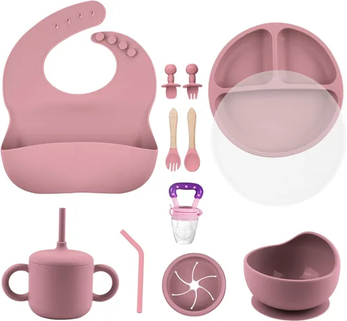 Miniatura 8 de Juego de alimentación de silicona para bebés, artículos esenciales para la alimentación del bebé, cuenco de succión para bebés, platos, babero