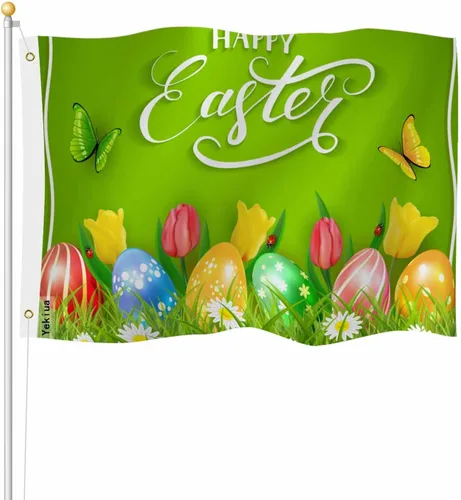 Yekiua Bandera de huevos de Pascua 3 x 5 para exteriores, hierba verde, tulipanes, mariposas, mariquitas, banderas de doble cara, para todo tipo de