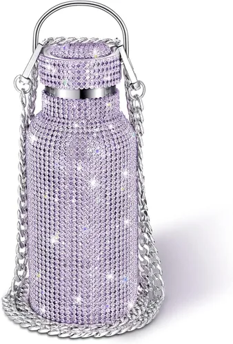 Miniatura 11 de Geiserailie Botella de agua con diamantes de imitación de acero inoxidable, térmica, recargable, aislada, con cadena, para mujeres y niñas