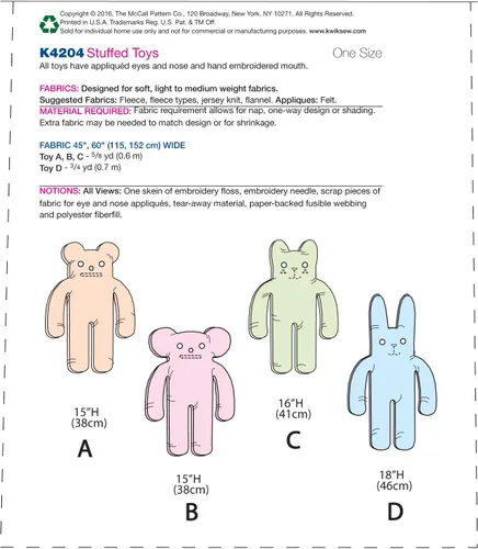 Miniatura 2 de McCall's Patterns K4204OSZ - Patrón de costura de animales de peluche, talla única