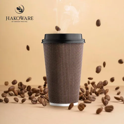 Miniatura 4 de Paquete de 85 tazas de café desechables de 16 onzas, vasos de papel de doble pared con tapas, diseño geométrico marrón, tazas de papel calientes