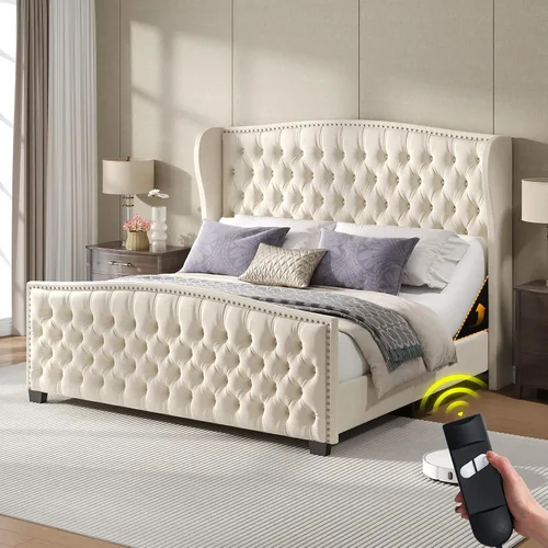 Miniatura 11 de LUXOAK Base de cama ajustable tamaño Queen con cabecero copetudo y respaldo de ala, base de cama ajustable inteligente con doble motor y control