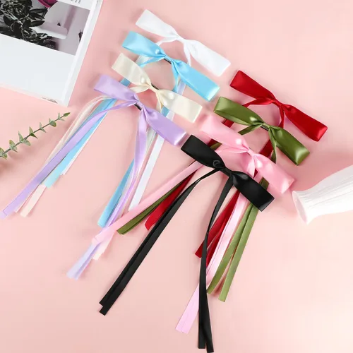 Miniatura 7 de 8 pinzas de lazo para el pelo para mujeres, niñas, cinta de borla, pinzas para el pelo con cola larga, pasadores de borla de satén sedoso con cola