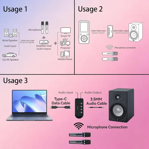 Miniatura 7 de Micrófono de karaoke para automóvil, micrófono dinámico recargable de mano dual con receptor auxiliar de entrada y salida de 0.138 in, micrófono