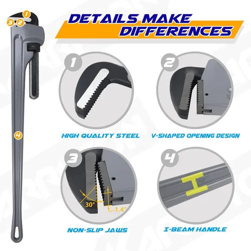 Miniatura 3 de Llave de tubo de aluminio de 48 pulgadas, capacidad de mordaza ajustable de 8"/200mm, llave de fontanería de mango recto resistente, herramienta