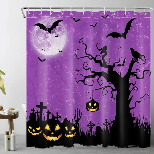 Miniatura 20 de EOBTAIN Cortina de ducha de cielo nocturno azul de Halloween para baño, espeluznante calabaza y murciélago en árbol muerto en cementerio aterrador