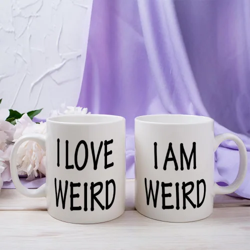 Miniatura 6 de Fatbaby Juego de tazas de café para él y ella, con texto en inglés "I Am Weird,I Love Weird,I Love Weird,I Love Weird," juego de tazas divertidas