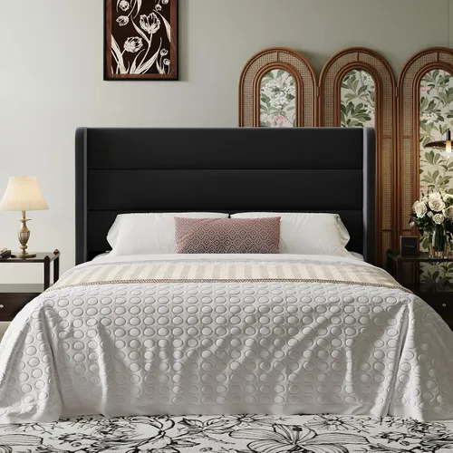Miniatura 3 de SHA CERLIN - Base de cama tamaño Full con cabecera tapizada en terciopelo y diseño acanalado vertical; plataforma de cama tapizada con listones