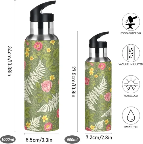 Miniatura 2 de Vintage Botanical Flowers Green Stainless Steel Vacuum Insulated Water Bottle 20 Oz Leakproof Water Bottles, BPA-Free Sports Water Bottle