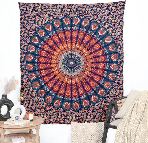 Miniatura 9 de RAJRANG Tapiz de Mandala de Pavo Real Hippie para Colgar en la Pared 90 x 84 pulgadas Tapices Decorativos Trippy Bohemios Indios Hechos a Mano