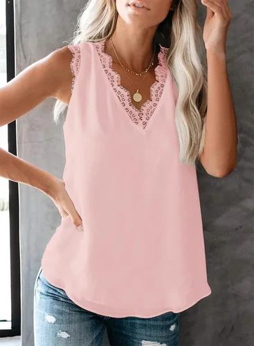 Miniatura 26 de VIISHOW - Camiseta sin mangas, sexy, con cuello en V y bordes de encaje para mujer, camisola de vestir, camisas de gasa, sin mangas, casuales