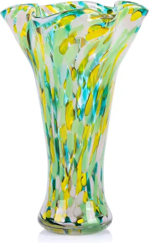 Miniatura 17 de Floreros de cristal aguamarina de 9.0 pulgadas de alto para flores, jarrón único de vidrio soplado a mano, decoración del hogar, jarrón de flores