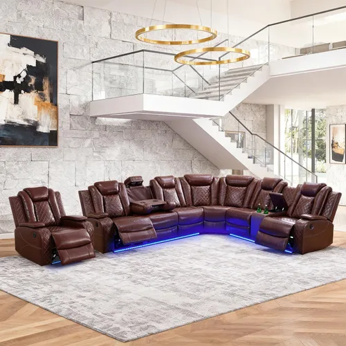 Miniatura 34 de Juego de sofá modular reclinable eléctrico para sala de estar, juego de sofá reclinable de cuero con luces LED / almacenamiento oculto, sofá