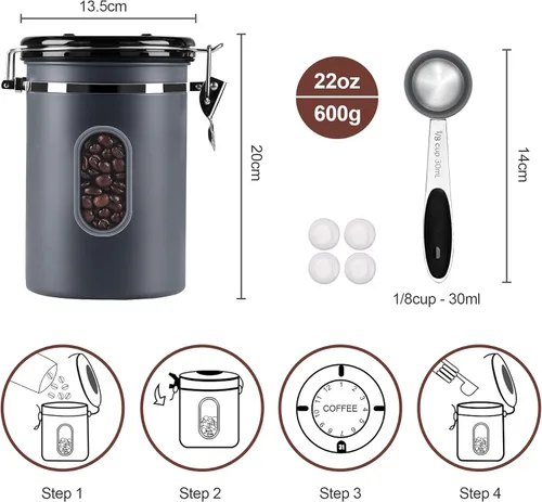Miniatura 5 de Recipiente de café hermético de 60.9 fl oz con rastreador de fecha y ventana transparente, recipiente de café de 22.8 onzas líquidas con cuchara