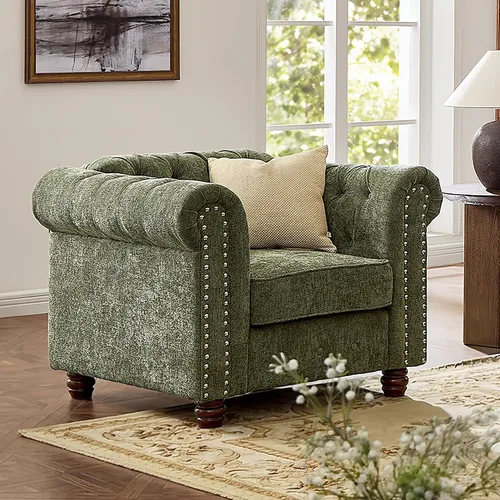 Silla moderna Chesterfield Accent para sofá, asiento profundo, brazos enrollados, silla de club con ribete de cabeza de clavos y patas de madera