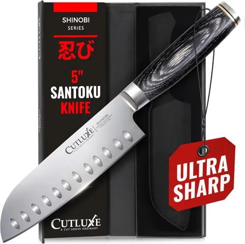 Miniatura 19 de Cuchillo Santoku – Cuchillo japonés ultra afilado de 5 pulgadas para carne y verduras para picar, hoja de acero inoxidable de alto carbono, mango