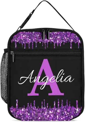 Miniatura 15 de Bolsa de almuerzo con nombre personalizado para hombres y mujeres, con monograma de purpurina azul, hielera, portátil, con nombre, para niñas, azul