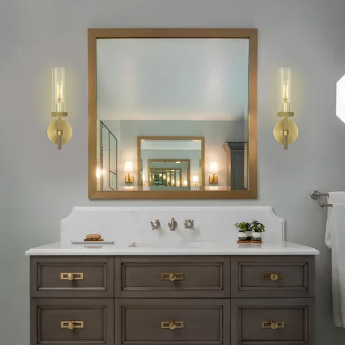 Miniatura 8 de Apliques de pared de latón moleteado para interiores, apliques de tubo de vidrio de 14 pulgadas, apliques de pared dorados para tocador de baño