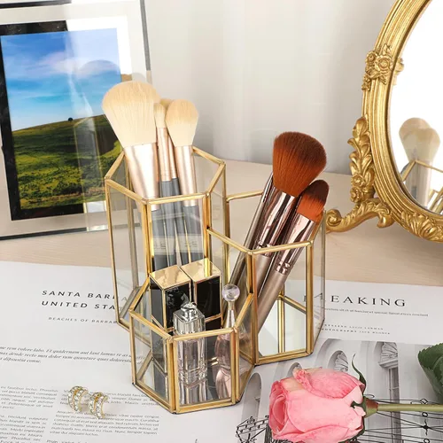 Miniatura 7 de Hipiwe Porta brochas de maquillaje de vidrio, 3 ranuras espejadas, organizador de brochas de cosméticos doradas, vitrina, caja de almacenamiento
