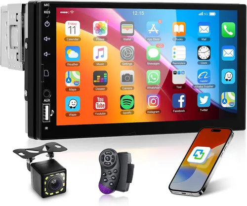 Miniatura 8 de Estéreo de coche de un solo DIN con CarPlay inalámbrico de Apple y Android Auto, radio de coche con pantalla táctil Incell de 6" 1 DIN con cámara