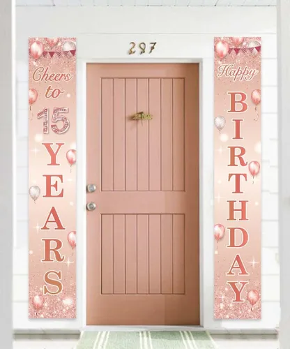 Miniatura 3 de COOSOAR Pancarta de oro rosa con texto en inglés "Happy Birthday" con texto en inglés "Cheers to 15 años" para decoración temática de globos