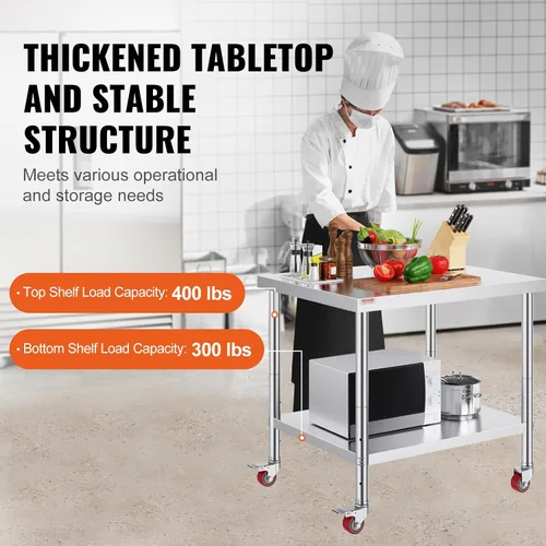 Miniatura 3 de Vevor Mesa de trabajo de acero inoxidable con ruedas de 24 x 12 x 32 pulgadas, mesa de preparación con 4 ruedas, mesa de trabajo resistente