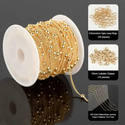 Miniatura 2 de Cadena de latón chapada en oro de 18 quilates de 5 metros/16.4 pies para hacer joyas, cadena de cuentas de oro claro para mujeres, cadena de Cuentas