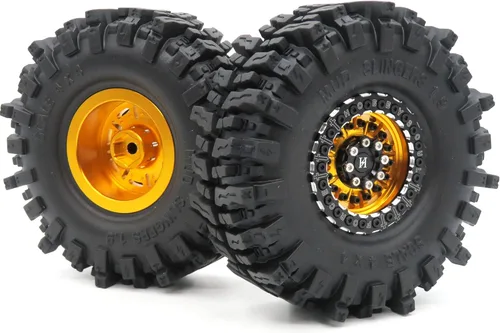 Miniatura 6 de HOBBYSOUL Neumáticos 1.9 de 4.72 pulgadas/4.724 in y ruedas de aluminio 1.9 Beadlock dorado negro para camión oruga 1/10, Axial, SCX10, Traxxas