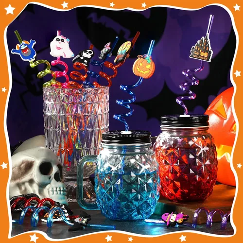 Miniatura 4 de JANYUN Pajitas de Halloween, 20 popotes de plástico reutilizables locos, regalos de fiesta de Halloween, lindos murciélagos, calabaza, gato