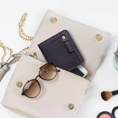 Miniatura 5 de Gostwo - Cartera compacta de piel genuina de lujo para mujer con bloqueo de RFID y ventana de identificación