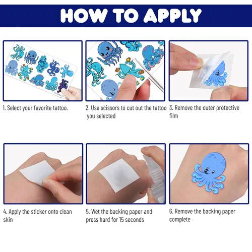 Miniatura 7 de 100 piezas temáticas de pulpo, regalos de fiesta de cumpleaños, suministros de decoración, pulpo, océano bajo el mar, animales, tatuajes temporales