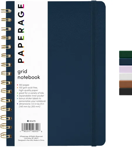 PAPERAGE - Cuaderno y diario de espiral con hojas cuadriculadas, tapa dura, 160 páginas, tamaño mediano 5.5 x 8 pulgadas, papel grueso de 100 g/m²,