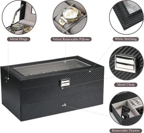 Miniatura 5 de Caja de reloj con 12 ranuras para hombres, organizador de joyas para hombre, estuche de exhibición con cajón, cajas de almacenamiento de relojes