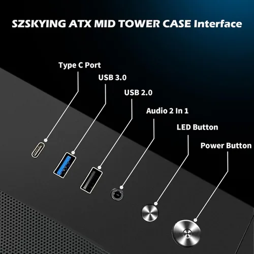 Miniatura 11 de SZSKYING Funda para PC ATX Mid-Tower Gaming con 9 ventiladores ARGB con control remoto, vidrio templado, radiador de 14.173 in, tipo C, negro.