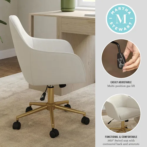 Miniatura 4 de Martha Stewart Rayna Silla de Trabajo Giratoria con Brazos Acampanados para Oficina en Casa en Cuero Sintético Negro con Marco de Latón Pulido