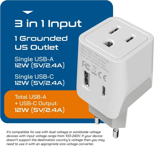 Miniatura 3 de Ceptics Enchufe adaptador de viaje europeo, Egipto con doble USB, tipo C, entrada de Estados Unidos, peso ligero, perfecto para teléfonos celulares