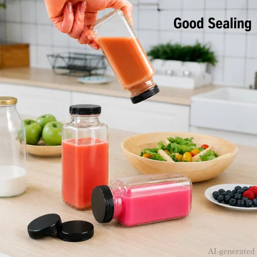 Miniatura 4 de Paquete de 6 botellas de vidrio de 8 onzas, botellas de agua cuadradas de vidrio de 8.5 fl oz con tapas, tarros vacíos reutilizables con etiquetas