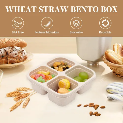 Miniatura 3 de Paquete de 4 Cajas de Almuerzo Bento, Contenedores de Aperitivos de 4 Compartimentos, Caja de Aperitivos Bento Dividida, Contenedores de Preparación